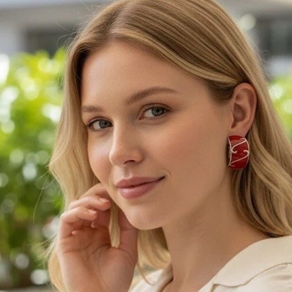 1.25” Red Enameled Silver Tone Curled Drop Earrings